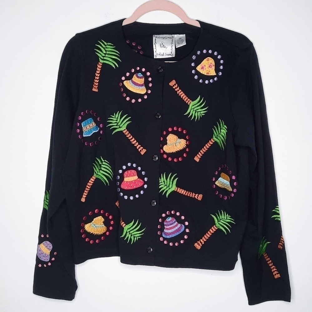 Vintage Michael Simon Tropical Hat Embroidered Cardigan M